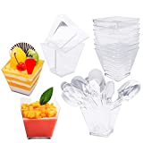 JHY Paquete de 50 Vasos de Postre de Plástico, 65ml, con 50 Cucharas de Sopa, Reutilizables para Mousse, Pudín, Helado, Buffet, Postre, Picnic